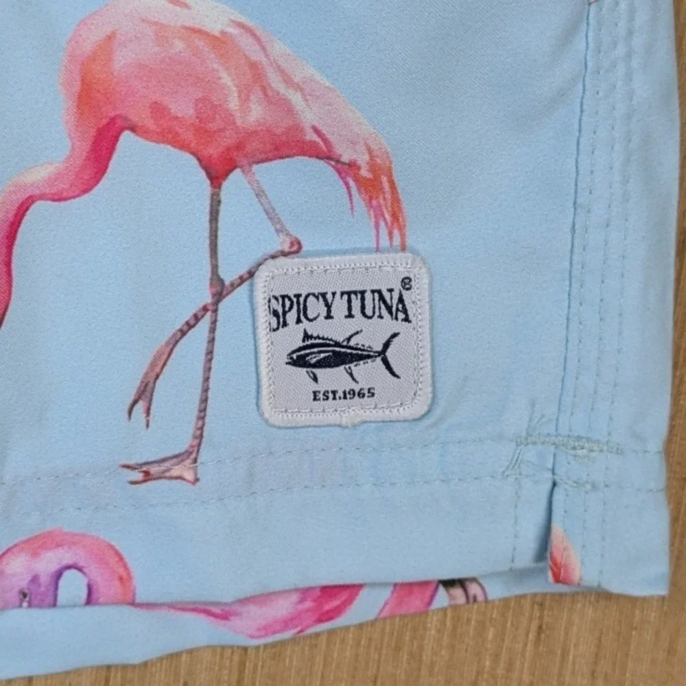 Spicy Tuna Mens XL Swim Trunks Flamingo Light‎ Blue Drawstring Lined Beach New